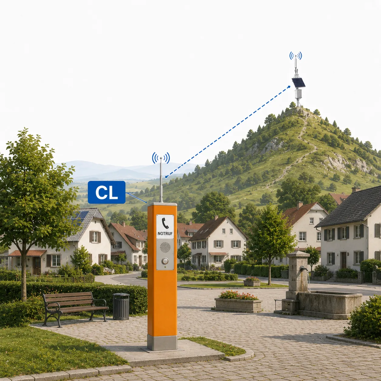 Illustration eines Dorfplatzes mit einer Notmeldestelle, im Hintergrund ein Hügel mit Funkmast.